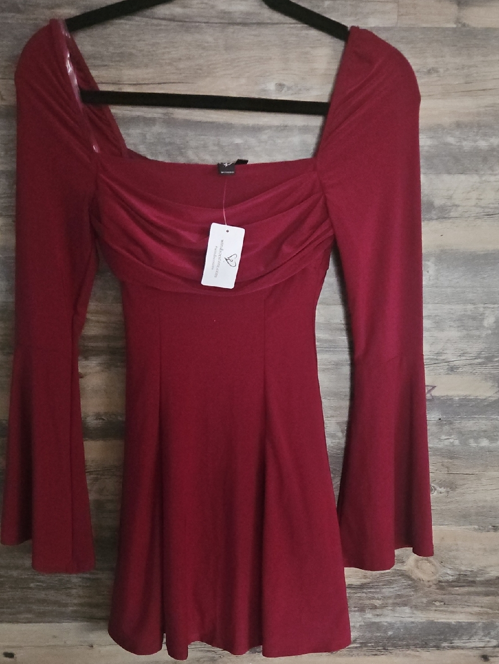 Windsor Burgundy Long Sleeve Square Neck Fit-and-Flare Dress